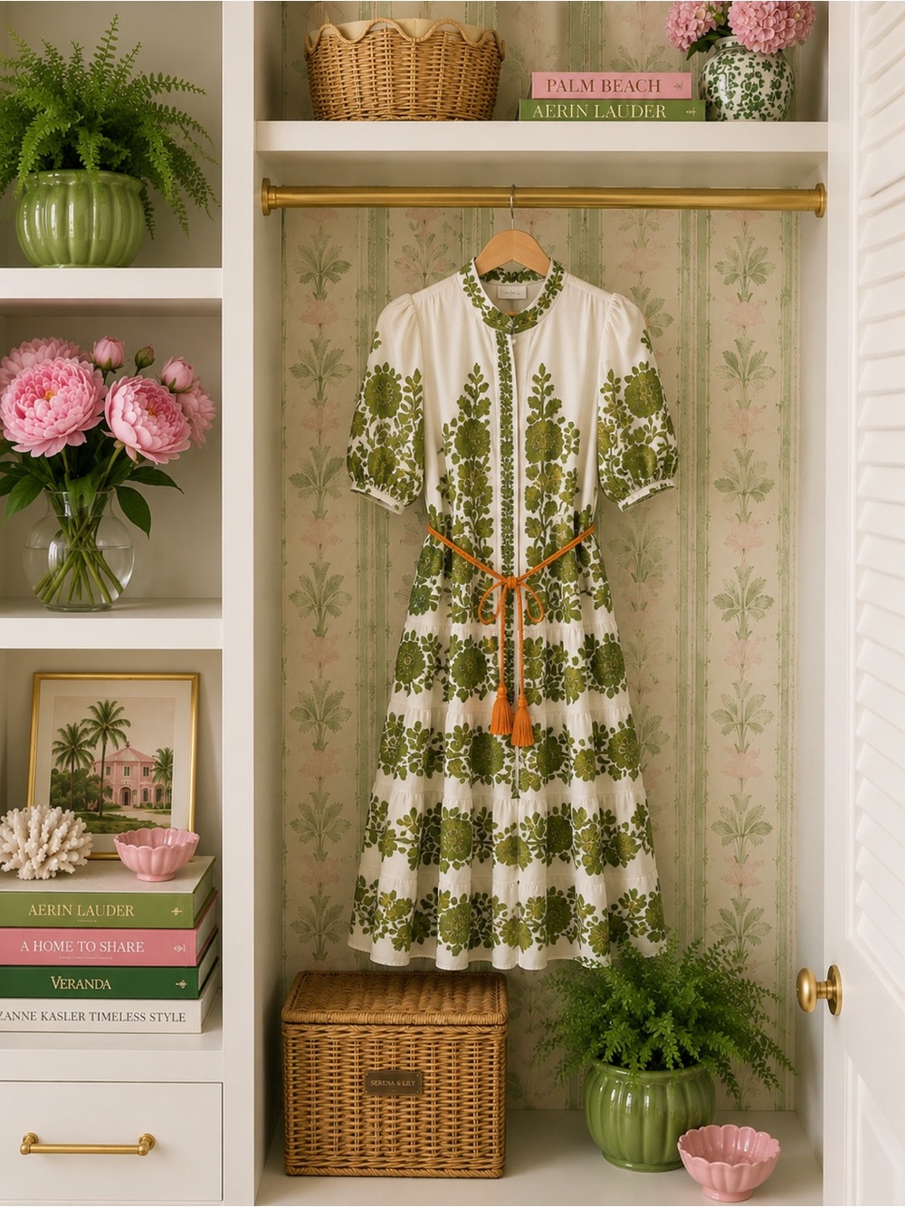 Alemais White Dress with Olive Green Embroidery and Orange Tassel Belt
